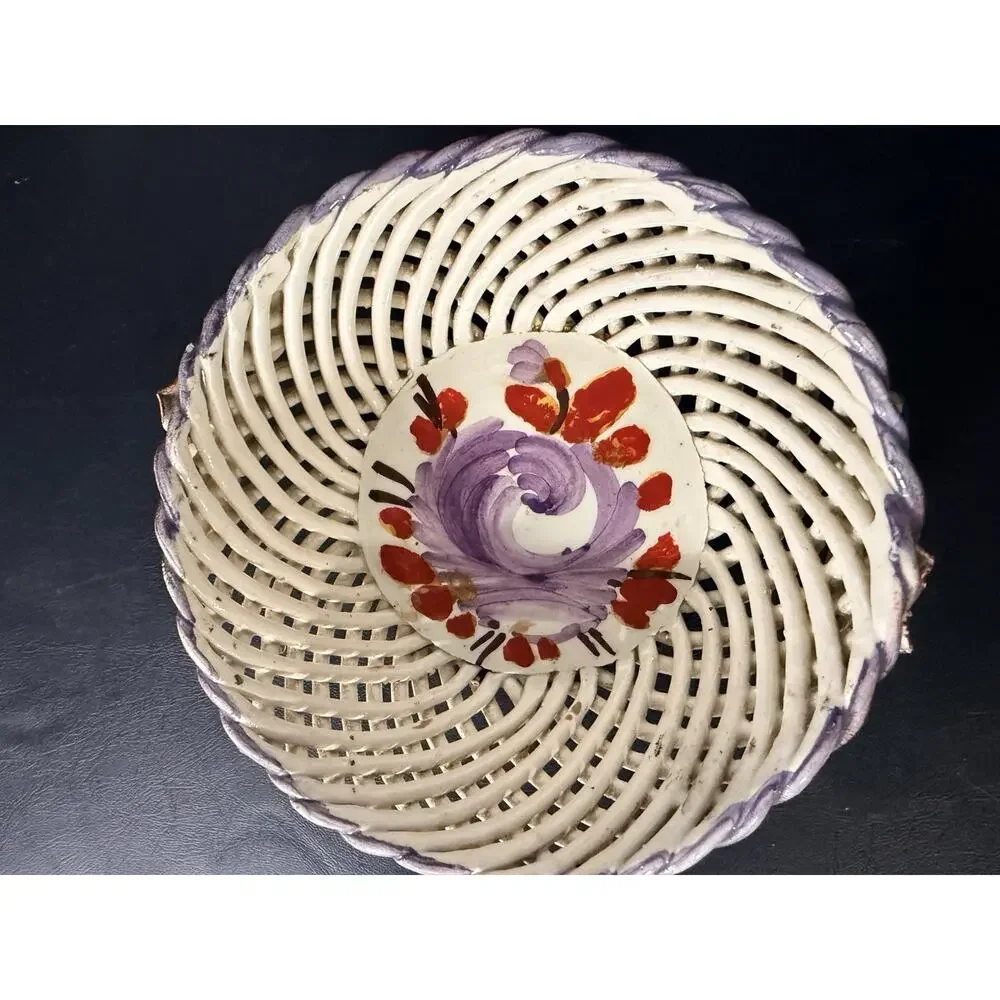 Vintage Spain HandPainted Openwork Pottery Basket Floral Rose Bowl Cottage Decor